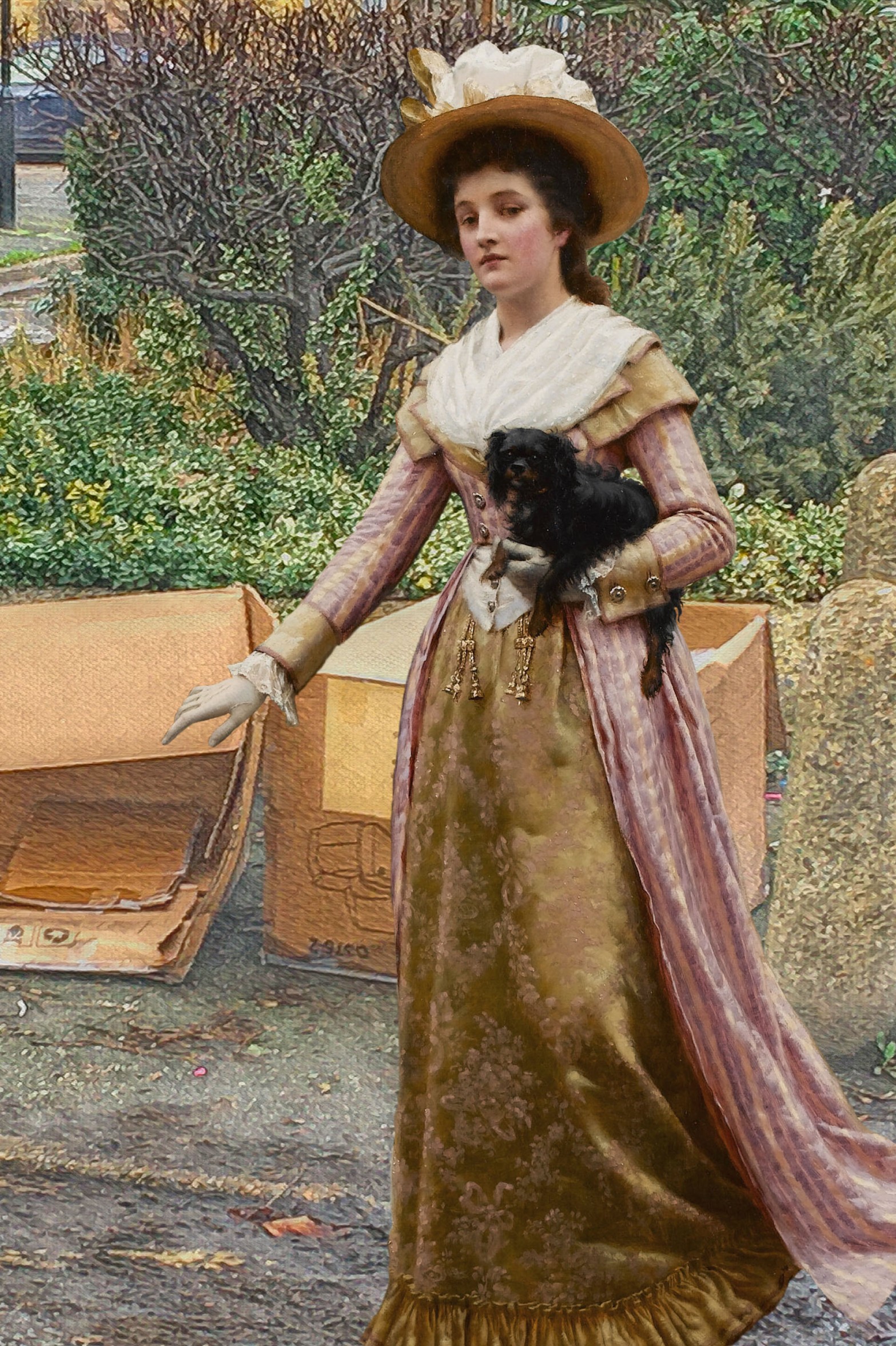 Woman holding a dog from Edmund Blair Leighton’s “My Next Door Neighbour” (1894) walks past the recycling bins on Grove Street in Deptford